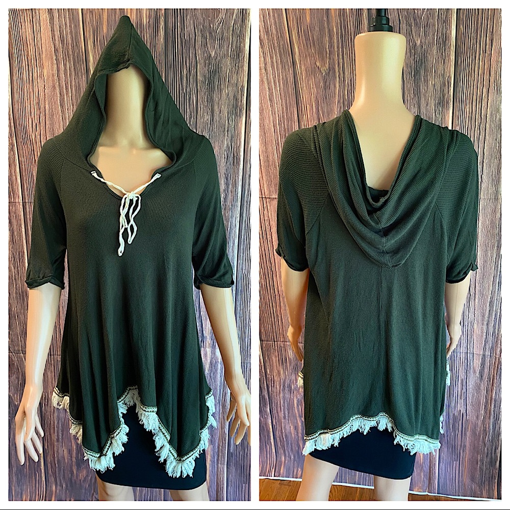 Altar’d State size medium forest green and cream tassels hooded boho sweater